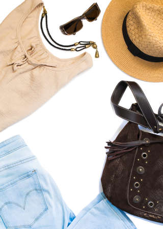 Woman casual fashion on white background. Top view, flat lay, copy spaceの写真素材