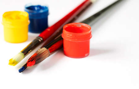Paints and brushes. Art and craft background, copy spaceの写真素材