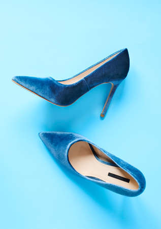 Velvet blue women high heel shoes. Velvet pumpsの写真素材