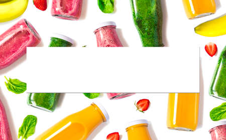 Colorful organic smoothies in bottles  with blank isolated sheet for your text or design. Natural Organic Food Style.の写真素材