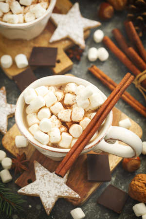 Hot chocolates with marshmallows and Christmas cookiesの写真素材