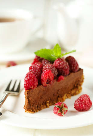 Slice of chocolate cake with fresh raspberry.の写真素材