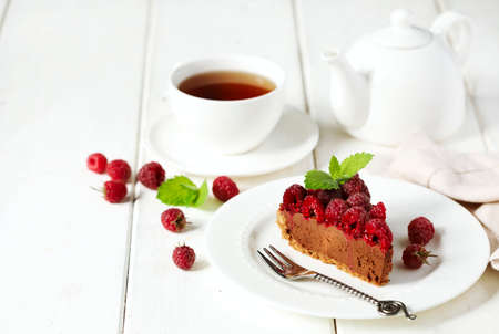 Chocolate cake with fresh raspberry.の写真素材