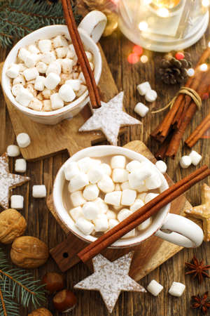 Hot chocolates with marshmallows and Christmas cookiesの写真素材