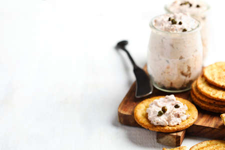 Creamy dip with smoked salmon, copy spaceの写真素材