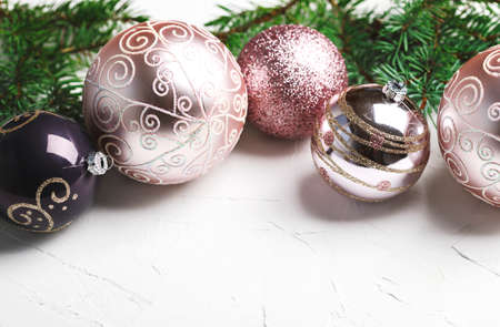 Christmas baubles. Christmas and New Year holidays background. Christmas greeting card, copy spaceの写真素材