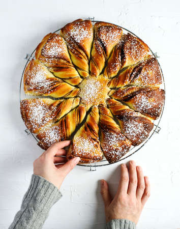 Freshly baked Cinnamon Sweet Brioche, top viewの写真素材
