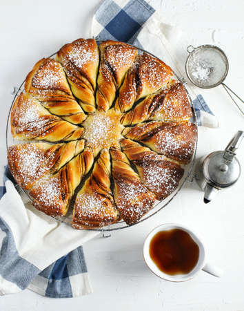 Freshly baked Cinnamon Sweet Brioche, top viewの写真素材