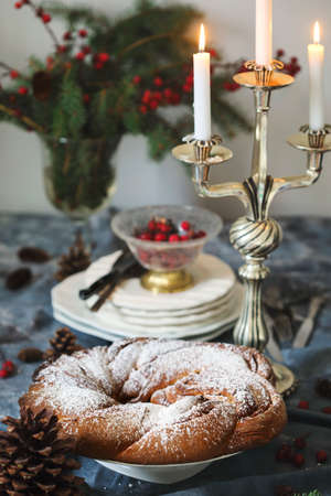 Freshly baked Cinnamon sweet Brioche Wreathの写真素材