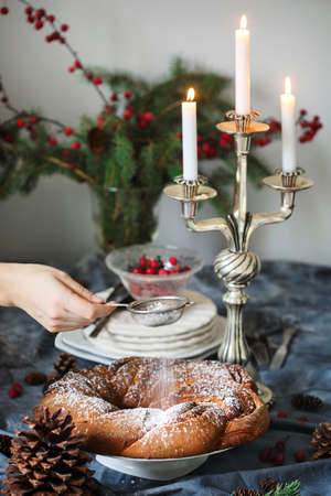 Freshly baked Cinnamon sweet Brioche Wreathの写真素材