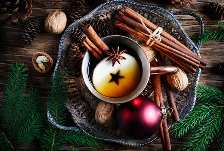 Spicy apple tea. Winter holiday concept, top viewの写真素材