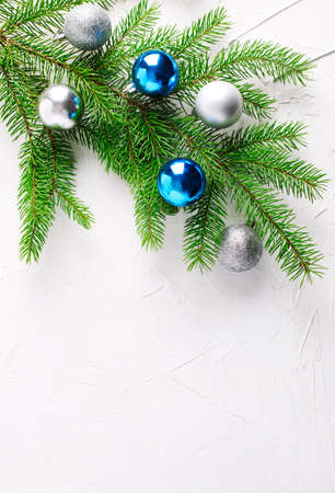 Christmas holiday background with fir branches and ornaments. Winter holiday conceptの写真素材
