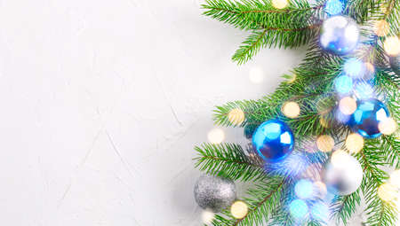 Christmas holiday background with fir branches and ornaments. Winter holiday conceptの写真素材