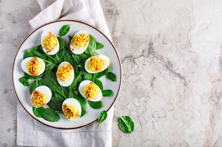 Deviled Eggs with Paprika as an Appetizer, top viewの写真素材