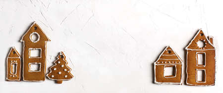 Christmas gingerbread houses.  Christmas background with gingerbread cookies, copy spaceの写真素材