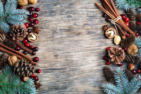 Christmas background with festive decorations, winter spices, cranberries, nuts and blue fir branches, top view, copy spaceの写真素材
