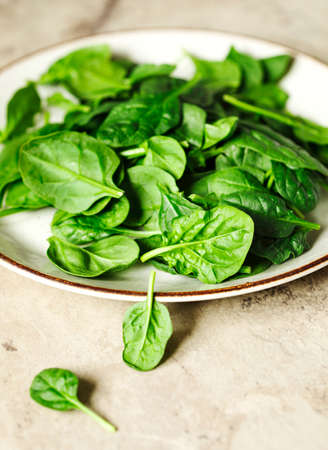 Fresh spinach on plate, copy spaceの写真素材