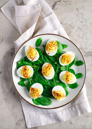 Deviled Eggs with Paprika as an Appetizer, top viewの写真素材