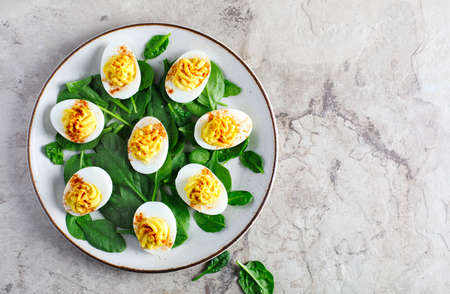Deviled Eggs with Paprika as an Appetizer, top view, copy spaceの写真素材