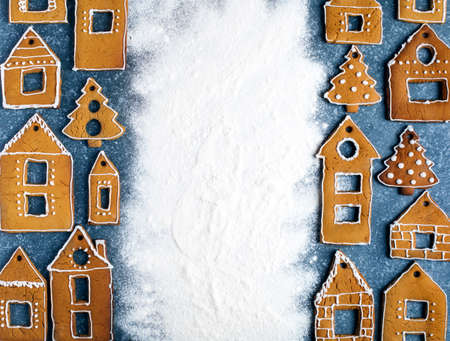 Christmas gingerbread houses.  Christmas background with gingerbread cookies, copy spaceの写真素材