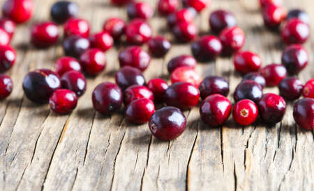 Fresh cranberries on wooden background, copy spaceの写真素材