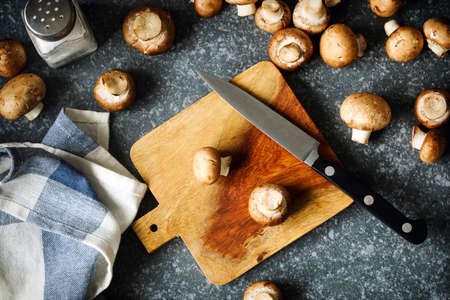 Fresh brown champignon mushrooms, top viewの写真素材