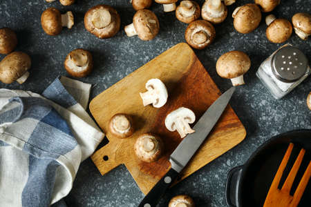 Fresh brown champignon mushrooms, top viewの写真素材