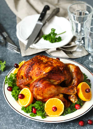 Roasted chicken served with citrus and cranberry on plateの写真素材