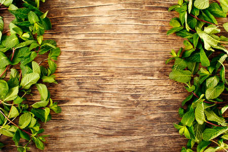 Fresh mint leaves on wooden background, copy spaceの写真素材