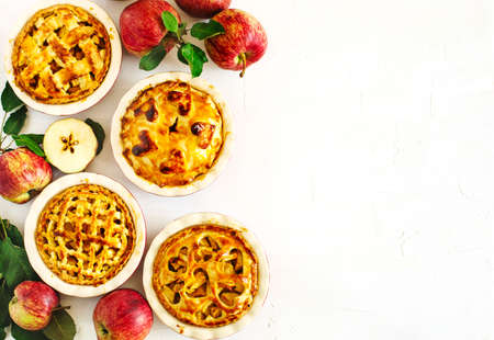 Tradition American apples pies on white background, top view, copy space.の写真素材