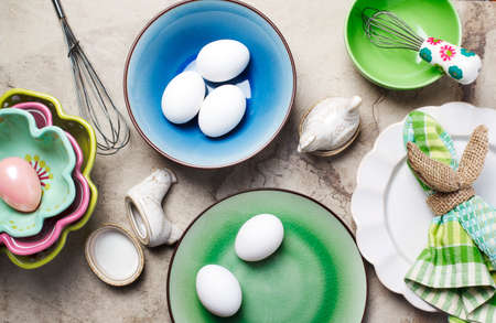 Fresh eggs, Easter composition, top viewの写真素材