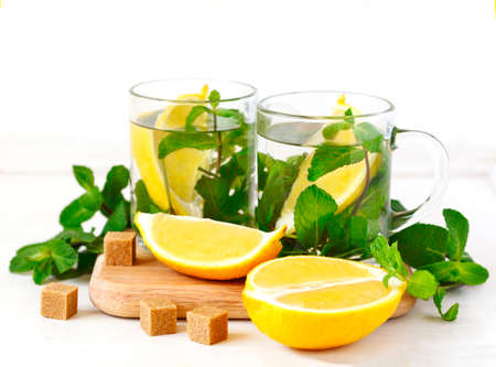 Two Cups of Mint tea on white background.の写真素材