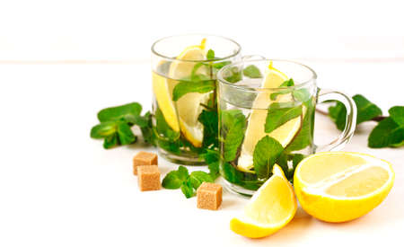 Two Cups of Mint tea on white background, copy spaceの写真素材