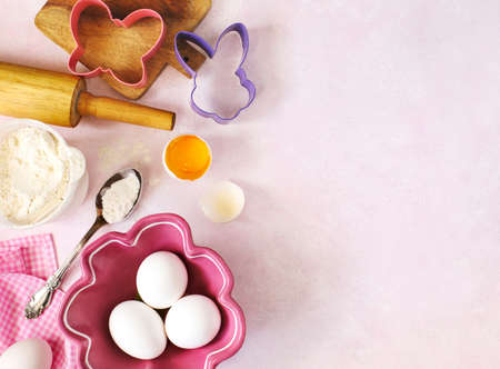 Easter baking. Food ingredient for cookies. Easter background with copy space