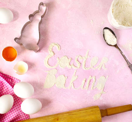 Easter baking. Food ingredient for cookies. Easter background.の写真素材
