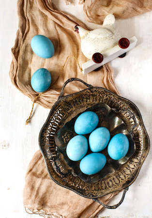 Blue colored Easter eggsの写真素材