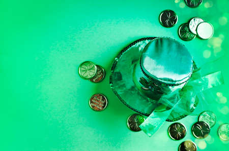 St Patricks Day green background with copy space. Concept of St Patricks Day with a green hat and...