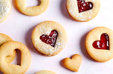 Traditional Linzer cookie with strawberry jam, top viewの写真素材