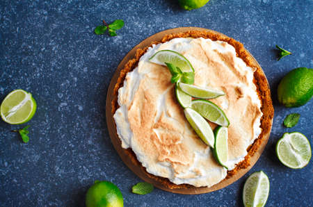 Key Lime Pie. Citrus pie with meringue, top view, copy spaceの写真素材