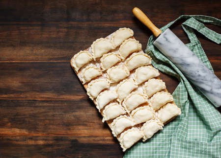  Uncooked russian pierogi with mash potato, top view, copy spaceの写真素材