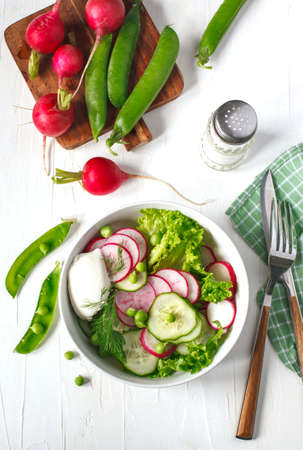 Spring vegetable salad with radish, cucumber and green peas, top viewの写真素材