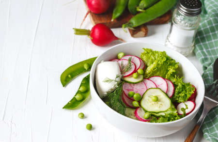 Spring vegetable salad with radish, cucumber and green peas, copy spaceの写真素材