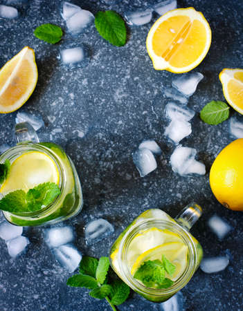 Mason jar glass of lemonade with mint, top viewの写真素材