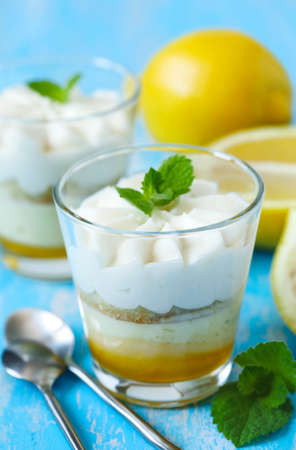 Limoncello - italian Dessert.  Lemon Cheesecake Mousse with Whipped Cream in cups. Summer dessert.の写真素材