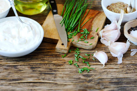 Ingredients for Making Sour cream Dijon Dressings, copy spaceの写真素材