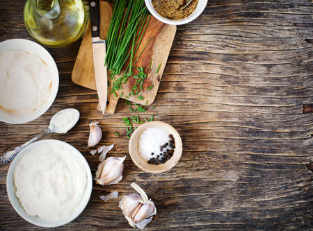 Ingredients for Making Sour cream Dijon Dressings, top view, copy spaceの写真素材