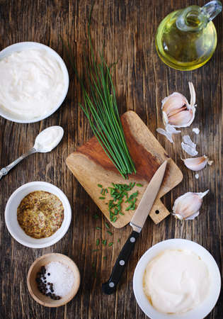 Ingredients for Making Sour cream Dijon Dressings, top viewの写真素材