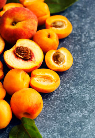 Apricots and peaches, copy spaceの写真素材