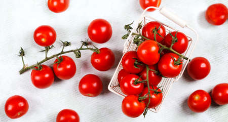 Fresh tomatoes on light green background, top viewの写真素材