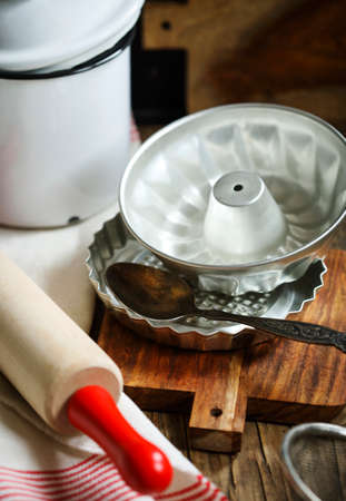 Baking utensils on wooden table. Baking preparationの写真素材